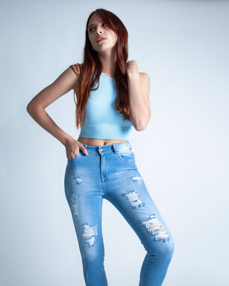 Jean Mujer Skinny Tiro Alto Azul Celeste - Imagen 5